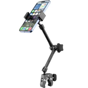 Imagem de Dosvsi Suporte de telefone todo em metal para cadeira de rodas, barco, suporte de microfone, carrinho de bebê, carrinho de golfe, bicicleta ergométrica, suporte ajustável de 360° para iPhone 16 Pro