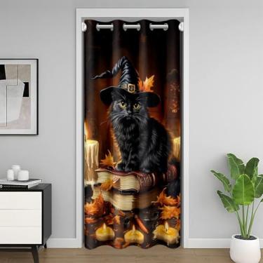 Imagem de Cortina preta de desenho animado de gato para crianças, cortina blackout de folhas de bordo outono para quarto entrada de sala de estar, livro mágico ocidental Halloween gótico vintage privacidade