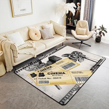 Imagem de Tapete de área com tema de filme 12 x 17 cm para quarto, tapetes de sala de estar decoração de home theater, tapete vintage com estampa de ingresso de cinema, tapete de piso interno estilo cinema retrô, tapete de decoração de fita de filme de noite de cinema antiderrapante