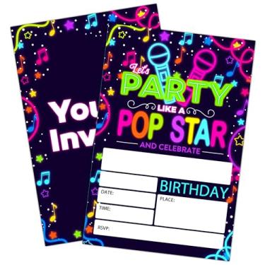 Imagem de Convite de aniversário Pop Star com envelopes para meninas meninos e crianças, festa de música neon que brilha no escuro, convite de canto musical arco-íris, conjunto com 20