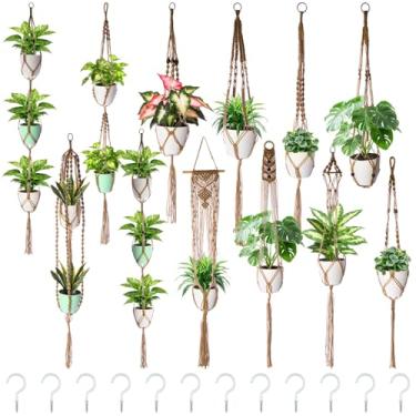 Imagem de SATINIOR 12 ganchos para plantas de macramê feitos à mão com 12 designs em camadas diferentes com 12 ganchos para vasos de flores, cestas decorativas de parede para uso interno e externo (estilo