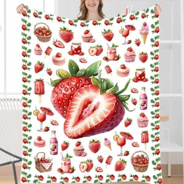 Imagem de Cobertor de morango, manta de morangos, presentes de frutas frescas para meninos, meninas e adultos, colcha de flanela leve de pelúcia para decoração de quarto, sofá, sala de estar, 101,6 cm x 127 cm