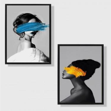 Imagem de Kit 2 Quadros Mulheres Com Tinta Azul E Amarelo 24X18 Preta