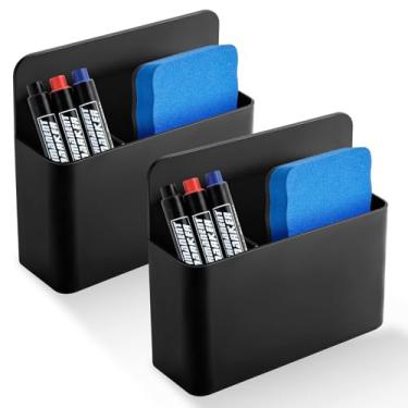 Imagem de 4 peças de suporte magnético apagável a seco e ímã de borracha de quadro branco magnético estojo de armazenamento para quadro branco geladeira e armário, material escolar para casa (preto, azul)