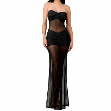 Imagem de LINNSUJH Vestidos sexy de malha transparente para mulheres, colado ao corpo, vestido maxi para clubes, Preto - 4, G