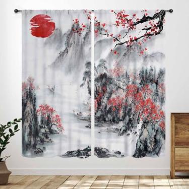 Imagem de Cortinas asiáticas para quarto, pintura a tinta tradicional japonesa, natureza, paisagem, montanhas, flores de cerejeira, floral, oriental, cortinas de janela, tratamentos para sala de estar, cozinha