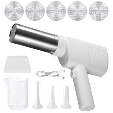 Imagem de Lwuey Máquina de macarrão elétrica portátil, máquina de macarrão sem fio 5 em 1 de aço inoxidável, máquina de prensa de macarrão portátil automática para espaguete caseiro com cortador de massa e 3