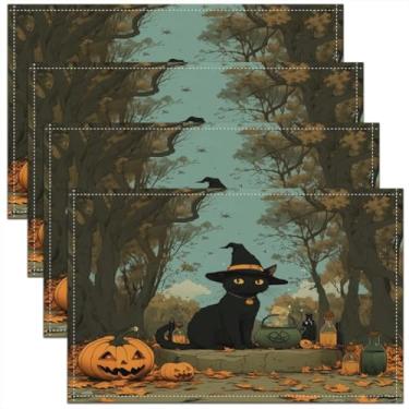 Imagem de meiyoeat Jogo americano de gato preto, conjunto de 4 tapetes de mesa de animais fofos, animais de estimação, gatos, crianças, meninos e meninas, jogo americano de gato preto para cozinha, decoração de