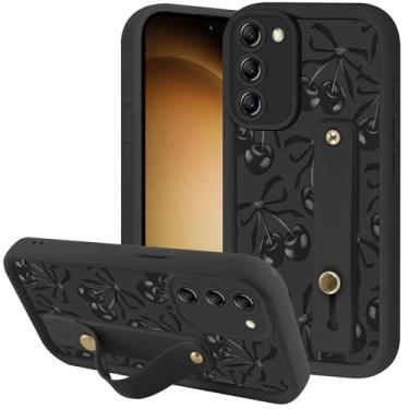 Imagem de Zrutru Capa de telefone estética preta com laço cereja para Samsung Galaxy S23 5G com suporte de alça de pulso ajustável flexível de silicone à prova de choque para Samsung S23 de 6,1 polegadas