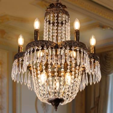 Imagem de TOCHIC Lustre de cristal, lustre de cristal império francês de 9 luzes, lustres pendentes de fazenda rústica, luminária de teto de bronze antigo ajustável para sala de jantar, sala de estar, quarto