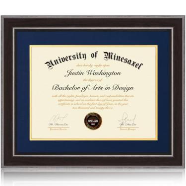 Imagem de Minesaxel Molduras para diploma de 40 x 50 cm, 30 x 38 cm com tapete azul, serve para documento de certificado de graduação, moldura de cor nogueira 50 x 40 cm com painel de vidro temperado para