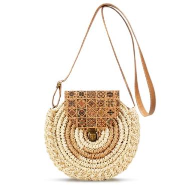 Imagem de Bolsa de praia, bolsas transversais para mulheres, bolsa redonda de palha macia tecida à mão, bolsa de ombro boêmia adequada para viagens de férias diárias (bege), Bege, One Size