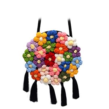 Imagem de QTKJ Bolsa feminina de ombro a tiracolo tecida à mão, bolsa redonda de tecido de algodão, linda bolsa de praia de verão com flores tricotadas de borla, Preto, 7.8''x 7.8''
