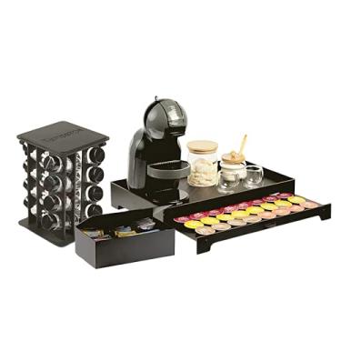 Imagem de Kit 3 Peças, Porta Cápsulas + Porta Temperos + Porta Chá, MDF Premium, Preto, 50x30x8cm/18x18x29cm/26x15x9cm, 40 Cápsulas + 16 Potes + 6 Divisórias