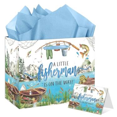 Imagem de Gone Fishing Bolsa de presente de bebê grande com tema de peixe Gone Fishing Saco de presente de festa de chá de bebê com cartão de papel de lenço para decoração de festa de aniversário de menino