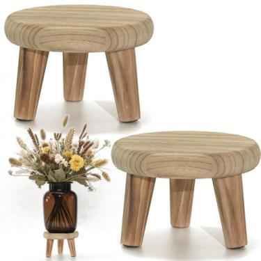 Imagem de 2 banquinhos pequenos de madeira para plantas, suporte de madeira, suporte de vaso de jardim de madeira maciça de 20 cm, mini suporte redondo de exibição de flores, suporte de plantas interno para