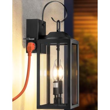 Imagem de Luminária de varanda grande de 48 cm com tomada, lanterna de parede externa grande preta com 2 luzes, luminária de parede externa moderna com tomada lanterna de arandela para casa, porta da frente
