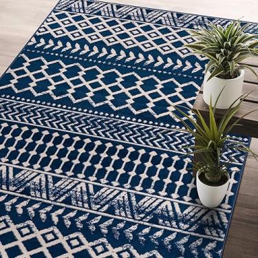 Imagem de CAMILSON Boho Marroquino Azul Marinho Oval Tapete Geométrico Diamante 5x7 Tapetes para Sala de Estar Quarto Cozinha Moderno Boêmio Macio Resistente a Manchas Tapete Interior Não Descamação (12 x 18 cm