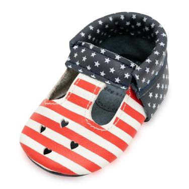 Imagem de BirdRock Baby Mocassins Mary Jane – Sapatos femininos de couro genuíno com sola macia para recém-nascidos, bebês, bebês e crianças pequenas, Estrelas e listras, 4 Infant