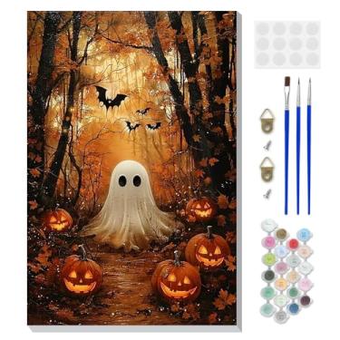 Imagem de DOMROM Kit de pintura emoldurada por números para adultos iniciantes com cavalete de madeira, kit de pintura de fantasma de Halloween e abóbora por número em tela, kits de pintura a óleo DIY para