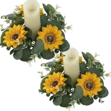 Imagem de 2 anéis de vela de girassol artificial, guirlandas de velas de girassol falsas, guirlandas de flores amarelas artificiais para decoração de festa de casamento