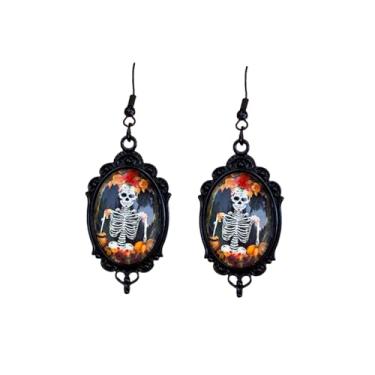 Imagem de Brinco gótico de Halloween para mulheres, fantasma, abóbora, caveira, mistério, bruxa, brincos de renda assustadora, oval, vidro, pingente, presente de festival, 1.46*0.87in, Zinco, Sem pedra preciosa