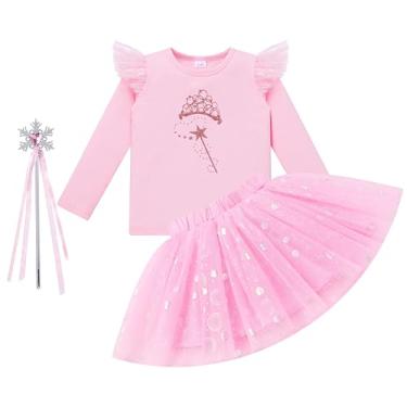 Imagem de FYMNSI Toddler Baby Halloween Costume Girls Princess Witch Dress Up Broom Tiara Print Long Sleeve T-shirt Tutu Skirt and Magic Wand Hat 3PCS Set Kids Birthday Movie Fairy Tale Clothes Pink 12-18M