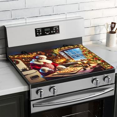 Imagem de BVBOX Capa superior de fogão de Natal para fogão elétrico 71 x 50 cm, capas de vidro para fogão a gás, tapete protetor de fogão decorativo lavável para cozinha doméstica (Papai Noel, 71 x 50 cm)
