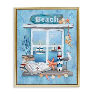 Imagem de Stupell Industries Beachy Coastal Window Sill Gold Framed Floater Canvas Wall Art, design por Emma Leach, 21 x 17