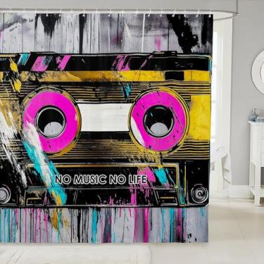 Imagem de Feelyou Cortina de chuveiro musical para decoração de banheiro fita cassete música cortina de banho retrô acessórios modernos de banheiro tecido de poliéster impermeável para barracas banheiras 183 cm