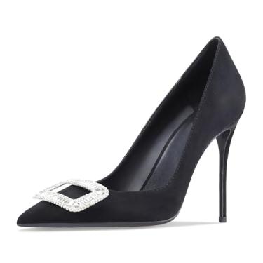 Imagem de Qunvngutui Sapato feminino bico fino boca rasa sexy fivela quadrada strass 10 cm salto agulha sem cadarço festa de casamento banquete tamanho grande, Camurça preta, 41