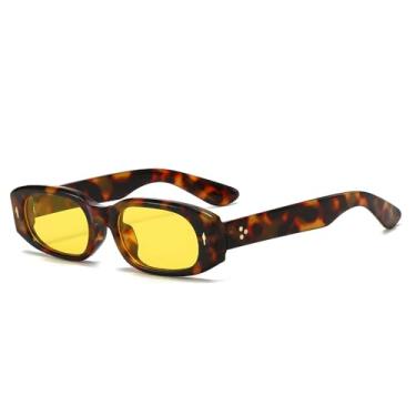 Imagem de Óculos de sol decorativos femininos, design retangular com rebites, óculos de sol da moda, óculos de grau, amarelo leopardo, 145 mm