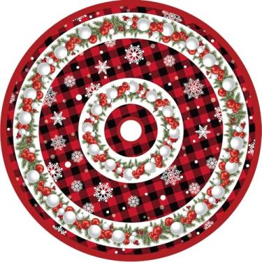 Imagem de Saia para árvore de Natal de Natal, capa de árvore de Natal xadrez preta e carmesim de 122 cm, decoração essencial para celebrações de inverno, tanto em ambientes internos quanto externos