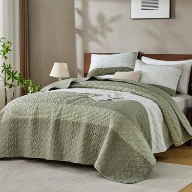 Imagem de Andency Conjunto de colcha king size, verde, 3 peças, conjunto de colchas e colchas de verão, ultramacias e leves, conjunto de cama acolchoado listrado de patchwork para todas as estações (1 colcha, 2