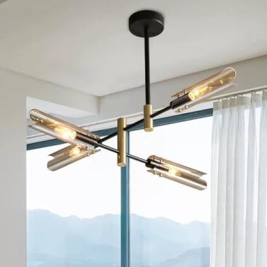 Imagem de KSSTEVNBD Lustre Sputnik moderno, luminária de teto de montagem semiembutida preta e dourada com cortina de vidro tubo, lustres de teto de metal rotativos de meados do século para quarto, sala de