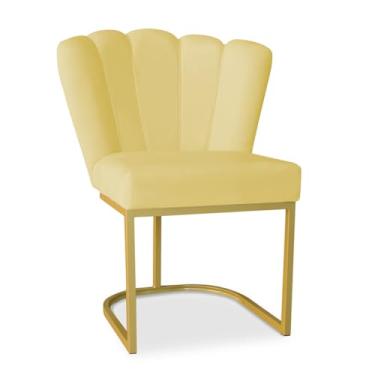 Imagem de Cadeira Pétala Estofada Veludo - Base Dourada Moderna para Sala de Jantar e Escritório (Base Metal, Amarelo)