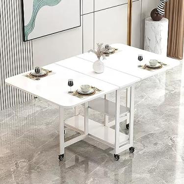 Imagem de Mesa de jantar dobrável moderna, mesa de jantar de folhas caídas, mesa de cozinha expansível com 6 rodas, mesa de jantar com economia de espaço, dobrável em 3 formas, para cozinha, quarto, sala de