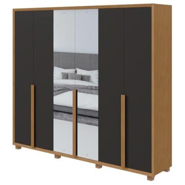 Imagem de Guarda Roupa Roupeiro Quarto Casal Lopas 6 Portas Espelho Pés 2 Gavetas Marrom Madeira Preto Fosco