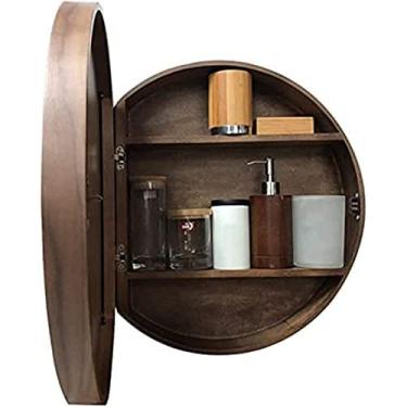 Imagem de AKALNNB Armário de espelho de banheiro iluminado por LED, armário de armazenamento redondo com moldura de madeira, armário de remédios montado na parede com espelho de toque inteligente, totalmente