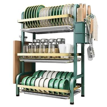 Imagem de AKALNNB Escorredor de pratos de 3 níveis com bandeja coletora, escorredor de pratos de aço inoxidável com suporte de utensílios, escorredor de pratos para cozinha pequena (preto 56 cm) (preto 56 cm)