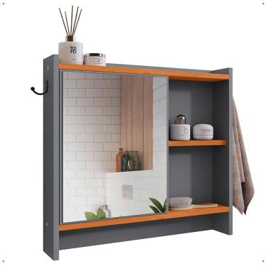 Imagem de Espelheira Genova Armário Suspenso Gancho Prateleira Organizadora Armarinho Banheiro Cinza/Cinamomo - Lojas RPM