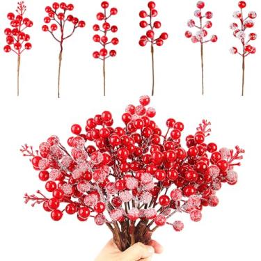 Imagem de Pacote com 36 galhos artificiais de baga vermelha para decoração de árvore de Natal – Neve e Borgonha Red Christmas Berry Picks and Sprays Frosted Holly Berries Branches para artesanato inverno,