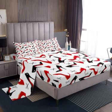 Imagem de Manfei Jogo de lençol Queen com sapatos de salto alto, moderno, vermelho, preto, salto alto, chique, para adultos, laço preto, estilo princesa, com lençol de cima, lençol com elástico, 2 travesseiros