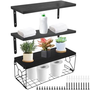 Imagem de Prateleiras flutuantes com cesta de armazenamento, prateleiras flutuantes de madeira multiuso resistentes que economizam espaço, prateleira de banheiro decoração de parede para uso doméstico