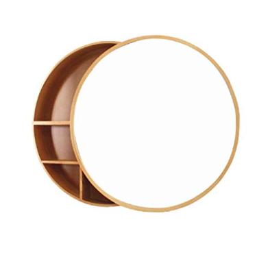 Imagem de Espelho de armário de banheiro montado na parede moderno armário de armazenamento espelho redondo espelho de banheiro armário deslizante armário de nogueira madeira montado na parede