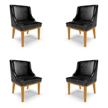 Imagem de Kit 4 Cadeiras Decorativas Sala de Jantar Base Fixa de Madeira Firenze PU Preto Brilho/Castanho G19 - Gran Belo