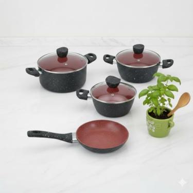 Imagem de Conjunto de Panelas Antiaderente, 4 Peças, Preto e Vermelho, com Tampa de Vidro, Base de Indução