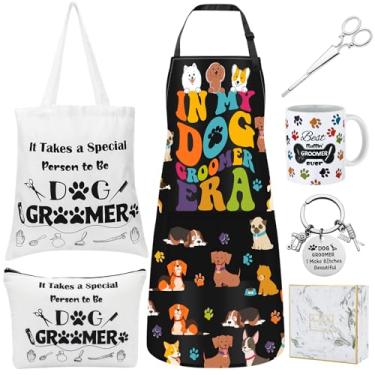 Imagem de Coume Conjunto de 7 peças de presente para tosador de cães para mulheres, avental ajustável para cuidados com cães, bolsa de maquiagem, canecas, chaveiros, tesouras, clipes de cabelo, caixa para