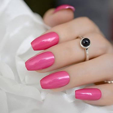 Imagem de Pregos de pressão rosa brilhante comprimento médio caixão unhas postiças acrílico falso arte arte kits de manicure