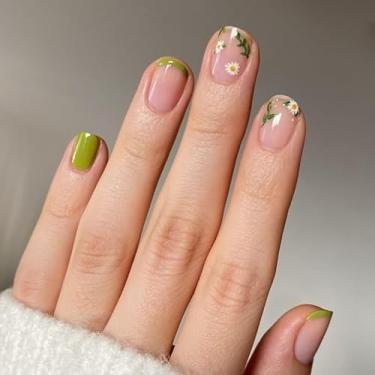 Imagem de Unhas postiças quadradas curtas verdes francesas com design simples de flor, cobertura completa, cola em bastão falso artificial para mulheres, casamento, 24 peças